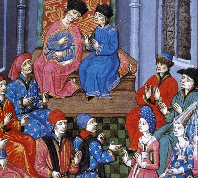 Medieval miniature. Meeting of the Roman Senate. Discussion on marriage between a plebeian woman and a roman patrician. 15th century.